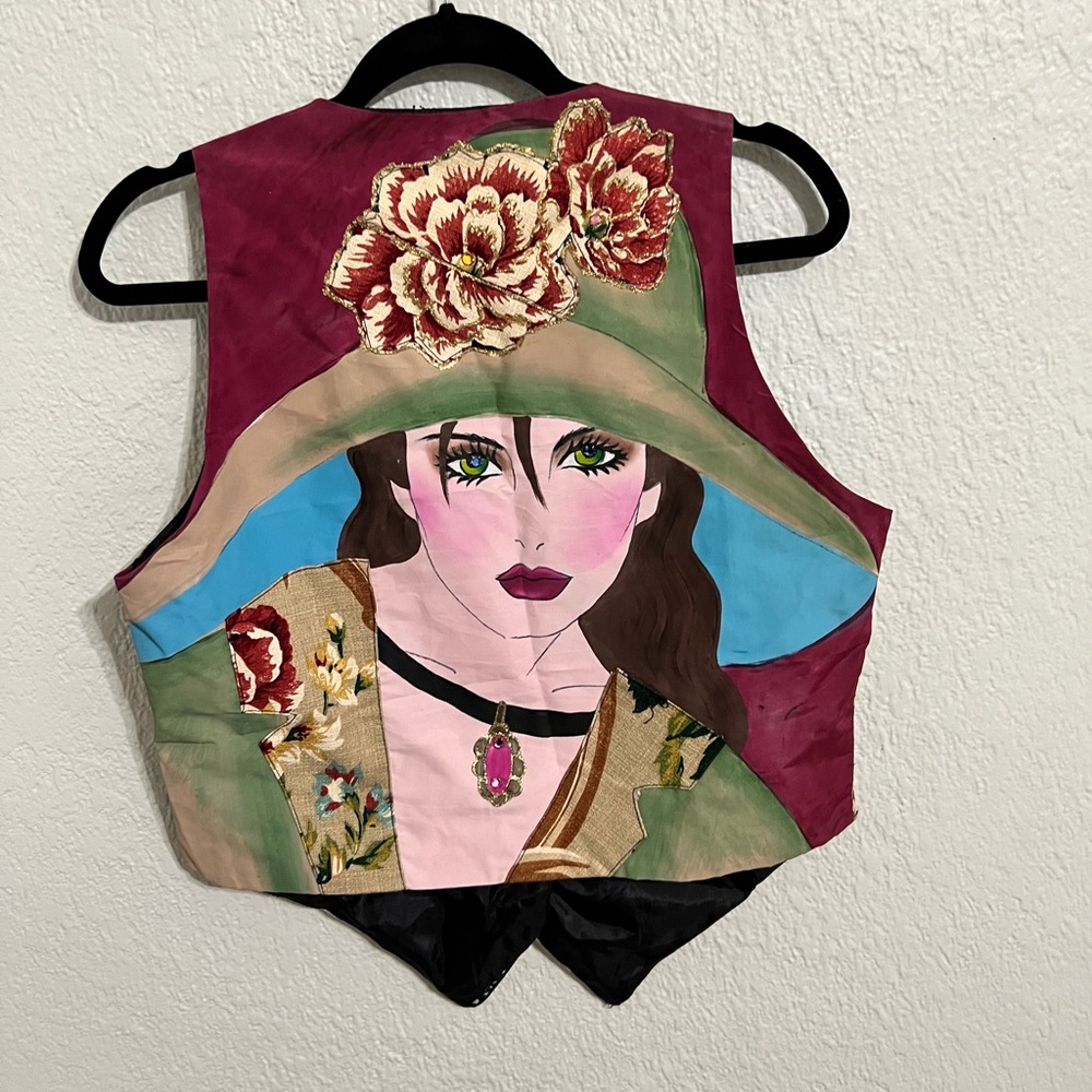 Hand Painted Vest with Woman and Floral Design